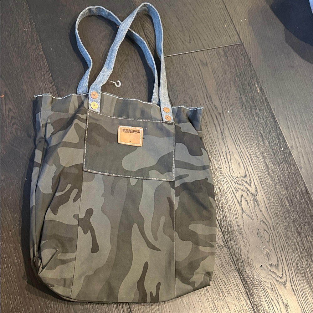 True Religion Olive & Gray Camouflage Tote with Denim Straps - Picture 1 of 3